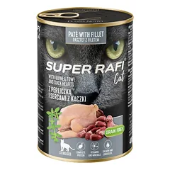 SUPER RAFI Cat su perlinomis ir anties širdelėmis 400g drėgnas maistas sterilizuotiems katėms