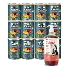 Wild Farm Superfood Beef 12x400 g pašaro šunims be grūdų + LAB V Lašišų aliejus šunims ir katėms 1000ml
