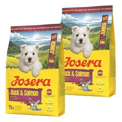 JOSERA Duck and Salmon Junior Mini 2x3kg siekiant užtikrinti tinkamą mažų veislių šuniukų vystymąsi