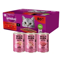 WHISKAS Adult paketėliai 80 x 85 g Classic Meals - drėgnas maistas suaugusioms katėms, su padažu (su jautiena, vištiena, ėriena, paukštiena) + WILD FARM Paštetas 3x400g