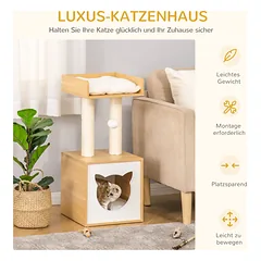 Namelis katei su platforma, sizalio stulpais, pagalvėle ir žaislu, 35x35x81 cm, katėms iki 4,5 kg, ąžuolo spalvos — 4 nuotrauka