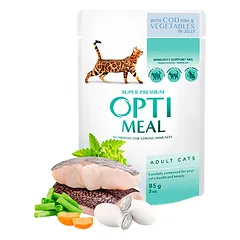 Optimeal™ Visavertis konservuotas ėdalas suaugusioms katėms su menke ir daržovėmis drebučiuose 0,85g. nuotrauka