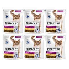 PERFECT FIT Antihairball 1+ 6x750 g sausas visavertis pašaras suaugusioms katėms, kuriame gausu vištienos