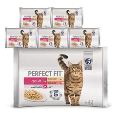 PERFECT FIT Adult konservai 24x85g – šlapias kačių maistas padaže (su vištiena ir žirneliais, su jautiena ir morkomis)