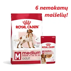 ROYAL CANIN Medium Adult 15 kg sausas ėdalas suaugusiems vidutinių veislių šunims + 6 nemokamų maišelių!