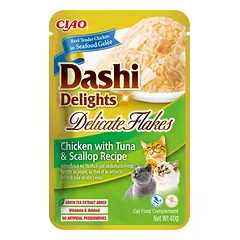 INABA Dashi Delights Delikatesinių dribsnių vištienos su tunu ir šukutėmis receptas 40g