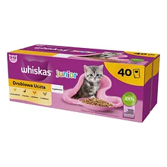 WHISKAS Junior „Poultry Feast“ 4 x 40 x 85 g drėgnas ėdalas su vištiena, antiena, paukštiena ir kalakutiena drebučiuose kačiukams nuo 3 metų NEMOKAMAI