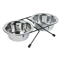 Trixie Eat on Feet Bowl Set stovas su dviem nerūdijančio plieno dubenėliais katėms ir šunims, 2×0.45 l/12 cm