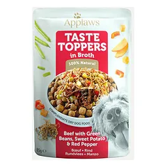 Applaws Dog Taste Toppers sultinyje su jautiena, žaliosiomis pupelėmis, batatais ir raudonąja paprika, drėgnas maistas šunims 85 g