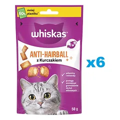 WHISKAS Anti-Hairball 6x50 g skanėstai nuo sąvėlų suaugusioms katėms