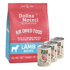 DOLINA NOTECI Superfood Lamb Dish – džiovintas šunų maistas 5 kg + Wild Farm Pate Lamb 3x400g ėrienos ėdalas šunims be glitimo