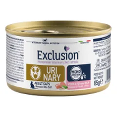 Exclusion Urinary konservai katėms su kiauliena, žirniais, ryžiais, 85 g