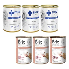BRIT GF veterinarinė dieta šunims Renal 3x400g + ENZO VET Inkstų dietos inkstų ligoms gydyti su jautiena šunims 3x400g