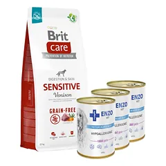 BRIT CARE Grain-free Sensitive Venison 12kg + 3x ENZO VET Hipoalerginė dieta su triušiena šunims 400g