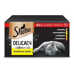 SHEBA Delikatesas drebučiuose su naminių paukščių skoniais 80x85g antis, vištiena, paukštiena