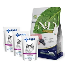Farmina N&D Prime feline LAMB & BLUEBERRY ADULT 5kg + ENZO VET Sterilizuota dieta sterilizuotoms katėms su kalakutiena želė 3x100g