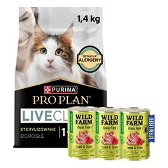 PRO PLAN LiveClear Maistas suaugusiems katėms po sterilizacijos, turtingas kalakutiena, 1,4 kg + WILD FARM Premium Grain Free Lamb and Tuna 3x400g - sterilizuotų kačių