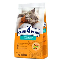 CLUB 4 PAWS Premium su lašiša visavertis sausas pašaras suaugusioms sterilizuotoms katėms