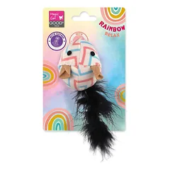 Magic Cat žaislas katėms, vaivorykštės pelė su plunksnomis ir katžole, balta, 5,5 cm — 2 nuotrauka