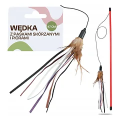 Ilgas teleskopinis meškerės kotas katei, žaislas su plunksnomis ir dirželiais, 130 cm