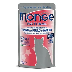 Monge Natural Adult Tuna with Chicken & Shrimps konservai katėms drebučiuose