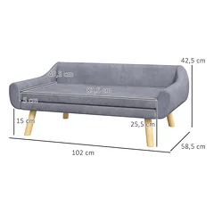 Sofa šunims iki 25 kg, aksominė, su nuimama pagalve, 102x58,5x42,5 cm, pilka — 3 nuotrauka