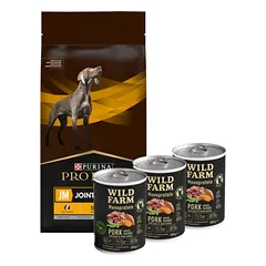 PURINA Veterinary PVD JM Joint Mobility 12kg + Wild Farm Monoprotein Pork 3x400g hipoalerginis maistas šunims