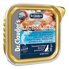 DR. CLAUDER’S drėgnas maistas suaugusiems šunims su lašiša ir ryžiais, sveikai odai ir kailiui 12x100g
