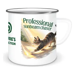 Emaliuotas puodelis su katės iliustracija „Profesional Sunbeam Chaser“, 350 ml