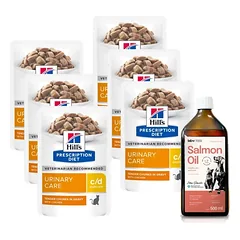 HILL'S PD Prescription Diet Feline c/d Multicare Chicken 6x85g paketėlis + Lab-V 100% lašišų aliejus įvairaus amžiaus šunims ir katėms 500ml šalto spaudimo