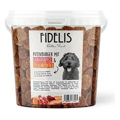 FIDELIS kalakutienos mėsainiai su granatais ir batatais, skanėstai šunims (1 kg kibiras)