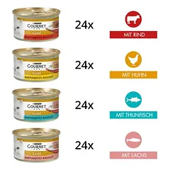 Didelė pakuotė Gourmet Gold rafinuotas ragu 96 x 85 g, drėgnas maistas katėms, Rind, Huhn, Thunfisch, Lachs — 3 nuotrauka