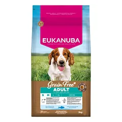 Eukanuba Adult Small & Medium Grain Free Ocean Fish sausas maistas suaugusiems mažų ir vidutinių veislių šunims, be grūdų, su vandenyno žuvimi, 3 kg