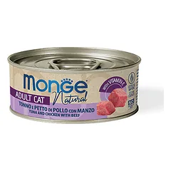 Monge Natural Kosnervuotas maistas katėms (su garuose virtais tuno, vištienos ir jautienos gabalėliais savo sultyse) 80g