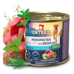 Ontario Monoproteino konservai šunims su ėriena ir rudaisiais ryžiais, 200 g