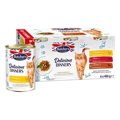 BUTCHER'S Delicious Dinners Cat Meaty selection in Jelly 6x400g gabalėliai su vištiena, jautiena ir elniena katėms