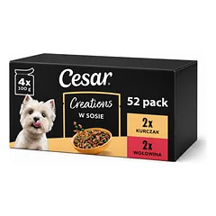CESAR Creations Vištiena su žirniais ir Jautiena su morkomis padaže 52x100 g drėgnas maistas suaugusiems šunims
