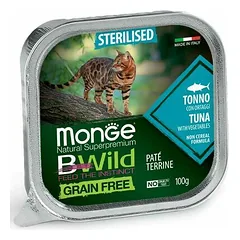 Monge BWild Grain Free Sterilised paštetas su tunu ir daržovėmis, drėgnas maistas katėms 100 g