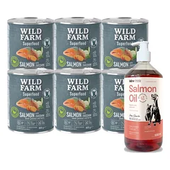 WILD FARM Superfood Salmon (lašiša su cukinijomis, saldžiosiomis bulvėmis ir žolelėmis) 6x800 g pašaro šunims be grūdų + LAB V Lašišų aliejus šunims ir katėms 1000ml