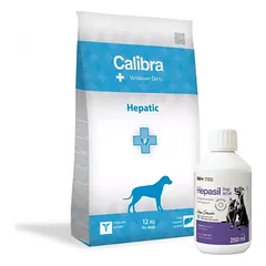 Calibra Veterinary Diets Dog Hepatic 12kg + Lab-v Hepasil Dog & Cat preparatas šunų ir kačių kepenų veiklai gerinti 250 ml