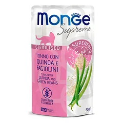 Monge Supreme Adult Sterilised Tuna with Quinoa and Green Beans konservai katėms drebučiuose