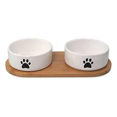 Dog Fantasy 2 keramikiniai dubenėliai su neslystančiu bambukiniu stovu, 400ml (balta/juoda)