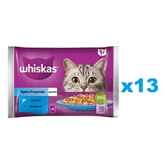 WHISKAS Adult 52x85g Fish Delicacies drėgnas maistas suaugusioms katėms želė su: lašiša, tunas