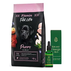 FITMIN DOG For Life Puppy 12kg + LAB-V Omega 3 ir 6 riebalų rūgštys bendrai šunų ir kačių sveikatos, kailio ir odos būklei gerinti 100ml