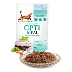 OPTIMEAL cod fish and veggies in jelly konservai katėms su menke ir daržovėmis 85g