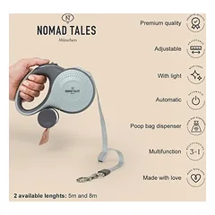 Nomad Tales Calma ištraukiamas pavadėlis rinkinyje, 5 m, Pavadėlis, žibintuvėlis ir maišelių dėklas — 3 nuotrauka