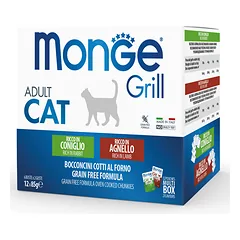 Monge Grill konservuotas pašaras sterilizuotoms katėms (gabalėliai padaže) Mix (su aviena/triušiena) 85g x12