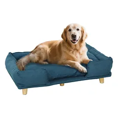 Šunų sofa su nuimama skalbiama pagalvėle, dideliems šunims iki 30 kg, 96 x 66 x 24 cm, natūrali/tamsiai mėlyna