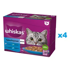 WHISKAS Adult 48x85g Fish Delicacies drėgnas maistas suaugusioms katėms želė su: lašiša, tunas, menkė, baltoji žuvis