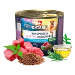 Ontario vieno baltymo konservai suaugusiems šunims su ėriena ir rudaisiais ryžiais, 200 g